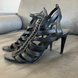 Coach Leslie Semi-Matte Black Leather Gladiator Heels with Chain Front Size 11B